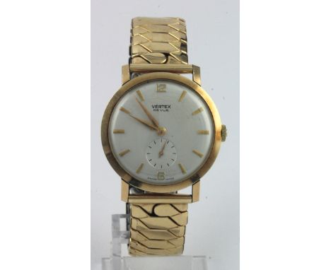 Gents 9ct cased Vertex Revue manual wind wristwatch circa 1967. The white dial with gilt markers and subsidiary second dial a