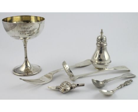 Mixed Silver. A group of mixed silver items, including a cup, flatware, pepper pot, etc., silver weight 9.9oz. approx.