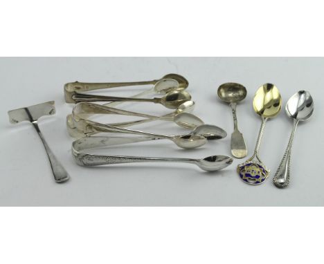Mixed lot of silver flatware comprising four pairs of silver sugar tongs, silver spoon and pusher, silver salt spoon and a si