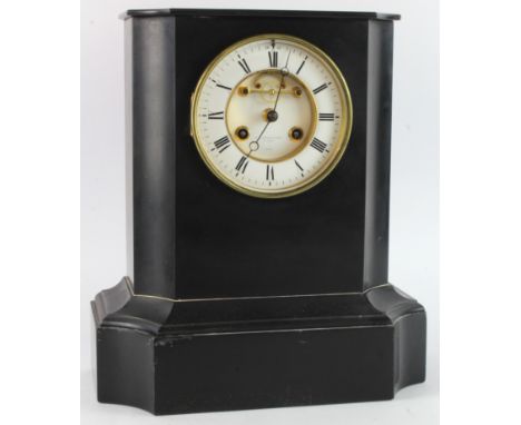 French slate mantel clock, by A.B. Savory &amp; Sons, white enamel dial, makers name to dial and movement, pendulum present, 