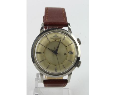 Gents stainless steel Jaeger-LeCoultre automatic memovox alarm wristwatch. The cram dial with silvered baton markers, date ap