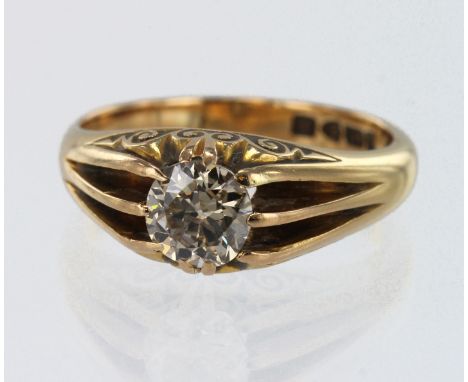 18ct yellow gold Edwardian diamond solitaire ring, one old cut approx. 0.98ct, estimated colour approx. R-S, estimated clarit
