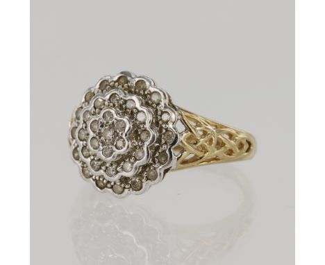 9ct yellow gold diamond cluster ring, three diamond halos, TDW approx. 0.25ct, set in white gold, head measures 12mm, finger 