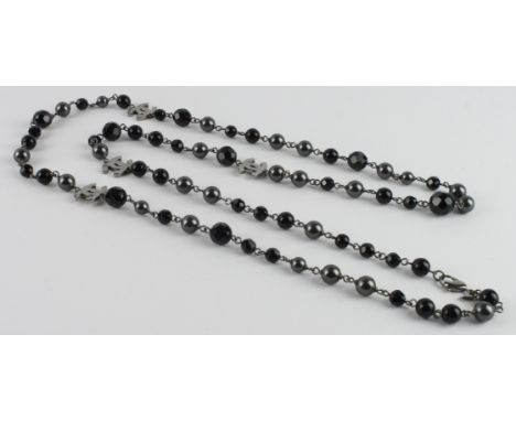 Chanel jewellery necklace and earring suite, black beaded and faux pearl long strand necklace, 'CC' pendants scattered throug