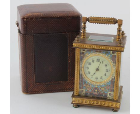 Gilt brass carriage clock with cloisonne decoration, Arabic numerals to dial, height 11cm approx. (working at time of catalog