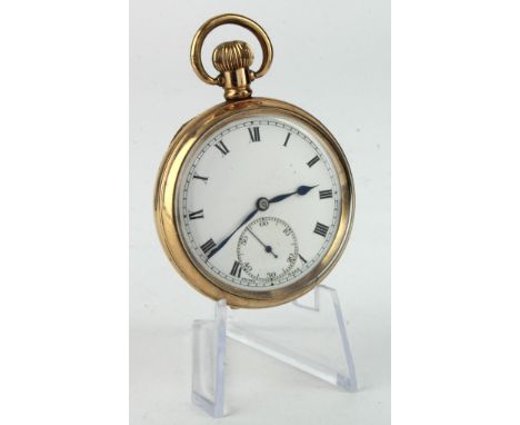 Gents gold plated open face pocket watch by Vertex in a Dennison star case. The white dial with black arabic roman and subsid