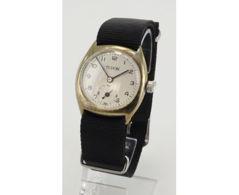 Gents stainless steel cased Tudor manual wind wristwatch. The silver dial with Arabic numerals, subsidary seconds dial at 6 o