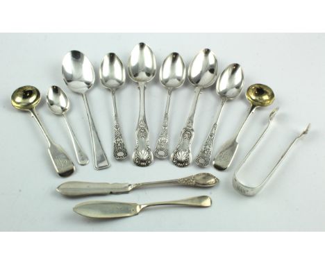 Mixed lot of silver flatware comprising five Victorian items (two salt spoons, two teaspoons and a pair of sugar tongs) plus 