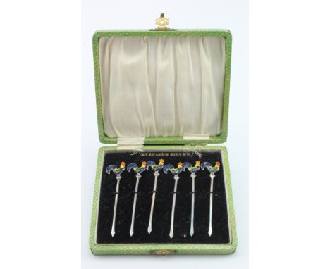 Set of six Sterling Silver enamel cocktail sticks, depicting cockerels, length 80mm approx., contained in a case