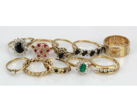 Ten 9ct gold/tests 9ct rings, stones include sapphire, CZ, paste, finger sizes I, K/L, Lx2, Ox2, O/P, Px3, total weight 21.7g