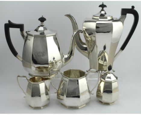 Attractive composite five piece silver tea and coffee set, comprising silver coffee pot hallmarked R&amp;B, Sheffield 1906; s