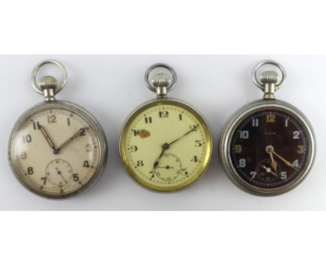 Three British millitary issue pocket watches, all stem-wind, various dial colours with Arabic numerals and subsidary second d