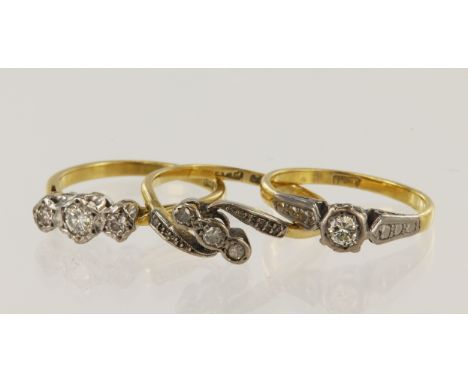 Three yellow gold (tests 18ct) vintage diamond set rings, finger sizes L/M, P, R, total weight 8.6g.