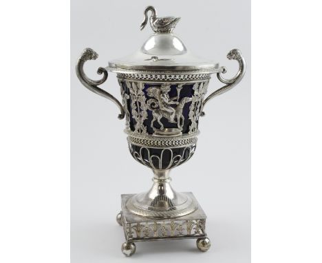 French silver sugar vase, circa late 18th Centur, ornately decorated, including lion head twin handles and a swan finial to l