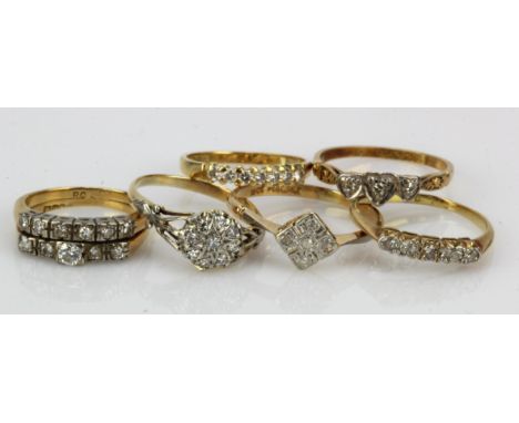 Six 18ct gold/tests 18ct diamond rings, finger sizes G/H, I, K/L, L, M/N, P, total weight 14.2g.
