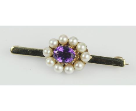 9ct yellow gold amethyst and pearl cluster bar brooch, deep purple amethyst measures 8mm x 6mm, surrounded by ten approx 3.5m