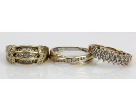 Three 9ct gold diamond rings, finger sizes K/L, Nx2, total weight 7.3g.
