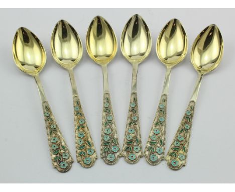 Russian silver gilt &amp; enamel set of six teaspoons all marked with a hammer and sickle star mark and 875 - post 1958.  Wei