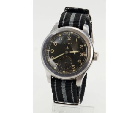 Cyma British military issue 'Dirty Dozen' wristwatch. The black dial with white Arabic numerals, broad arrow below 12, white 