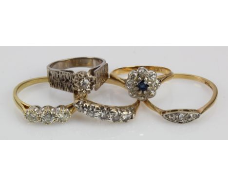 Five yellow gold (tests 18ct) diamond rings, finger sizes I/J, M, M/N, Q/R, T, total weight 14.5g.