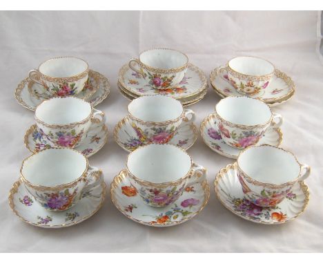 Dresden. A set of six cups with seven saucers, together with three larger cups with two saucers and four plates. 