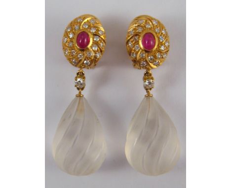 A pair of yellow metal (tests 18 carat gold) cabochon ruby, diamond and crystal earrings, signed, drop approx 4.5cm.
