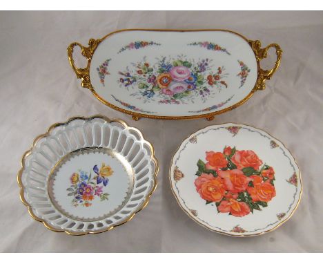 A Limoges open dish with floral decoration and gilt metal mounts, 22x36cm. , factory marks and paper label "Label Qualite", a