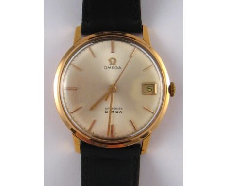 An Omega mechanical 18 ct. gold cased Automobiles Simca watch with sweep second hand and date aperture. Case 33mm. 