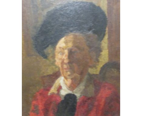 C U Petres (20th Century) Portrait of Mrs Raven, inscribed on the reverse, oil on canvas, 50 x 43cm  