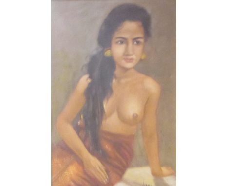 Eastern School (20th Century), Portrait of an Oriental girl, signed indistinctly lower right, oil on canvas, in a white paint
