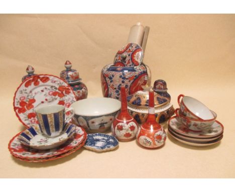 A Japanese Imari covered vase, a pair of vases, a pair of Arita flask vases another Imari vase and other Japanese wares  