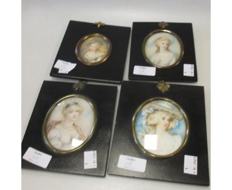 Four oval portrait miniatures of Ladies in black rectangular frames, two labelled on verso Duchess of Cumberland and Lady Ann