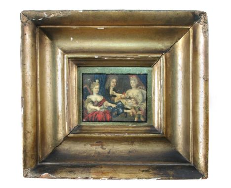 A 19th century reverse glass print, blood letting, in a gilt frame 8 x 10cm (3 x 4in)  