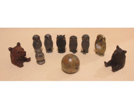 A collection of items to include two black forest style inkwells, a collection of salt and pepper shakers in the form of owls