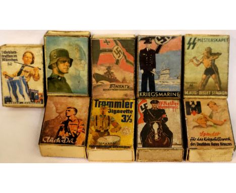 Nine German Third Reich match boxes, originally sold to raise funds by the Hitler Youth. P&amp;P Group 1 (£14+VAT for the fir
