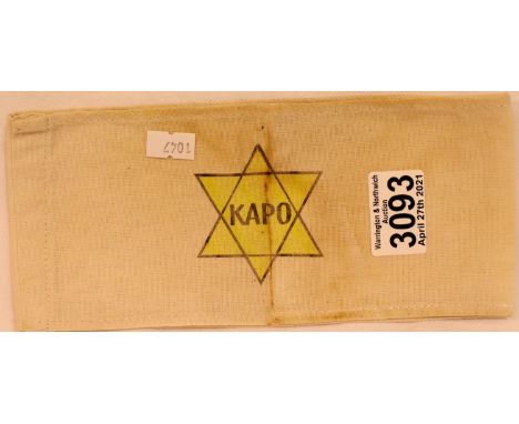 Jewish WWII aged replica printed KAPO armband. P&amp;P Group 1 (£14+VAT for the first lot and £1+VAT for subsequent lots) 