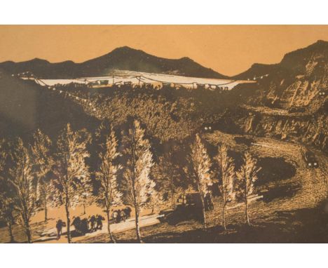 Burma World War Two (WW2) inspired woodblock print, English School, circa 1940s, workmen building a road, heightened with bod