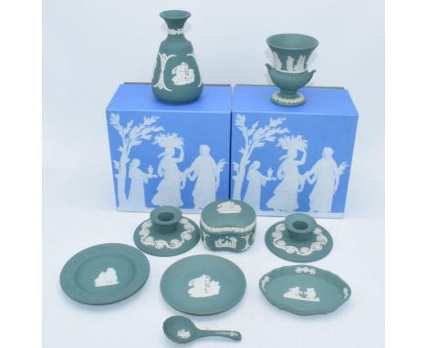 Wedgwood Jasperware in teal: to include a pair of candlesticks, a spoon, a trinket, vases etc (9).  Condition is generally go