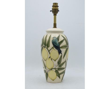 Moorcroft lamp base in the Lemon and Bird pattern, together with a Moorcroft lamp shade, 26.5cm tall exc. fittings (firing cr