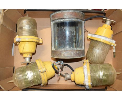 A vintage copper cased 'Comet' lamp together with vintage industrial lights (5).  All untested.