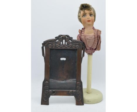 Copper embossed Art Nouveau style picture frame together with a vintage fabric lady's head and bust on wooden pole (2), 38cm 