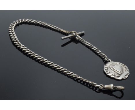 Hallmarked silver Albert watch chain with T-bar and fob, 36.8 grams, 39cm long.  