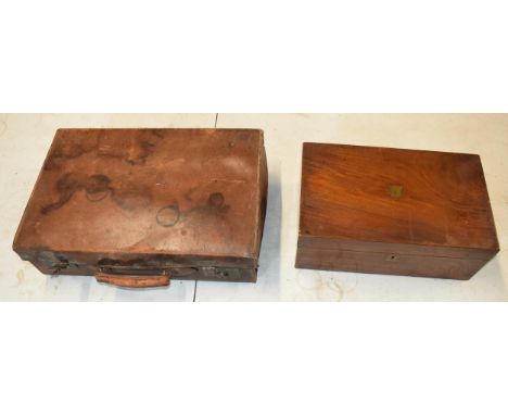 19th century mahogany writing slope (shell) with brass escutcheon together with vintage brown leather case, 52x40cm (2).  