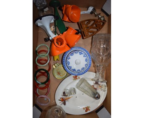 Mixed items to include jade-style glass bangles, 19th century pottery, decanter, food grinder and others.  