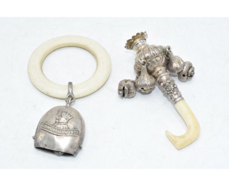 Hallmarked silver baby bell with teething ring together with a silver (marked 925) baby rattle with 4 bells and composite han