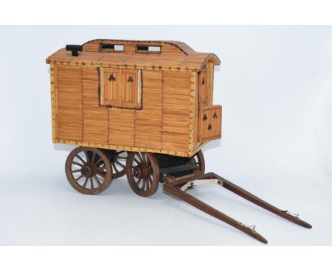 Vintage matchstick model of a gypsy caravan, 26cm long exc stretchers.  