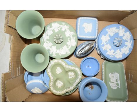 Wedgwood Jasperware in green and blue: to include  a lighter, a trinket, pin dishes and others (all with odd damages).  Condi