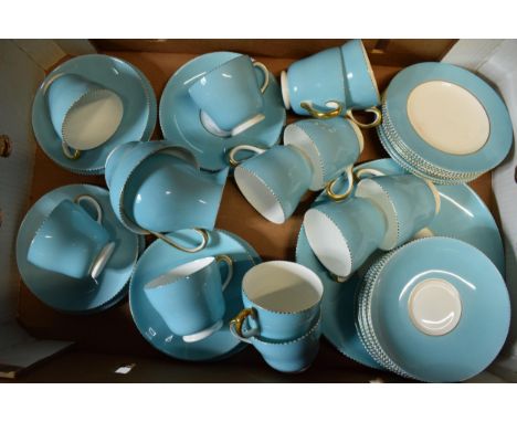 A collection of Wedgwood light blue and gilded tea ware to include 12 cups, 12 saucers, 12 side plates, milk, sugar and 2 cak