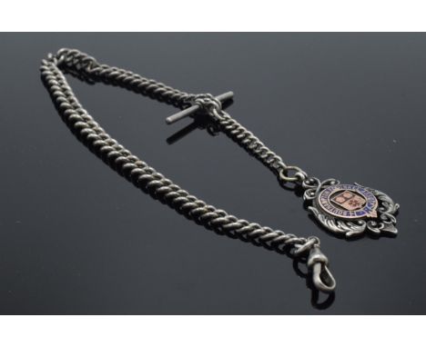 Hallmarked silver Albert watch chain with T-bar and fob, 49.0 grams, 39cm long.  