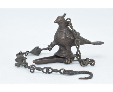 Brass hanging figural bird diya oil lamp with hanging chain, 18cm wide.  